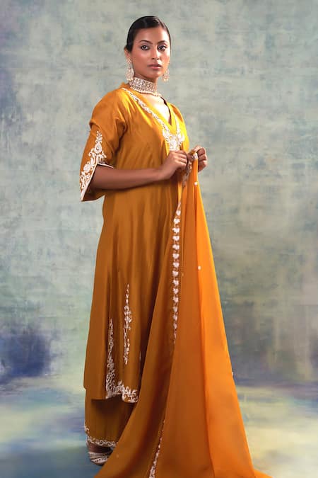 Shop_Sonia Khatri_Yellow Silk, Organza Embroidery, Sequins V-neck Bliss Suit Palazzo Set _Online_at_Aza_Fashions