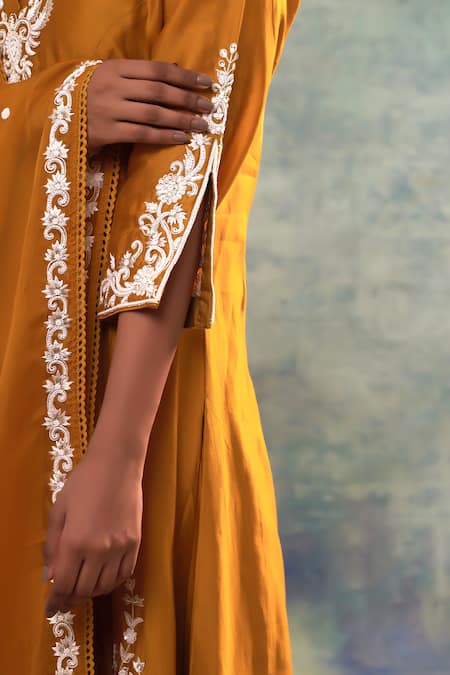 Sonia Khatri_Yellow Silk, Organza Embroidery, Sequins V-neck Bliss Suit Palazzo Set _at_Aza_Fashions
