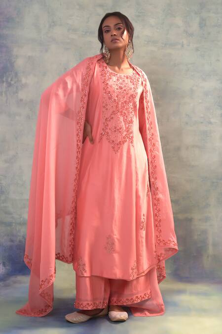 Sonia Khatri Peach Silk, Organza Embroidery, Sequins Round Neck Divine Suit Palazzo Set Online at Aza Fashions Sonia Khatri_Peach Silk, Organza Embroidery, Sequins Round Neck Divine Suit Palazzo Set _Online_at_Aza_Fashions