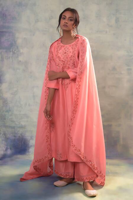 Buy Sonia Khatri Peach Silk, Organza Embroidery, Sequins Round Neck Divine Suit Palazzo Set Online at Aza Fashions Buy_Sonia Khatri_Peach Silk, Organza Embroidery, Sequins Round Neck Divine Suit Palazzo Set _Online_at_Aza_Fashions