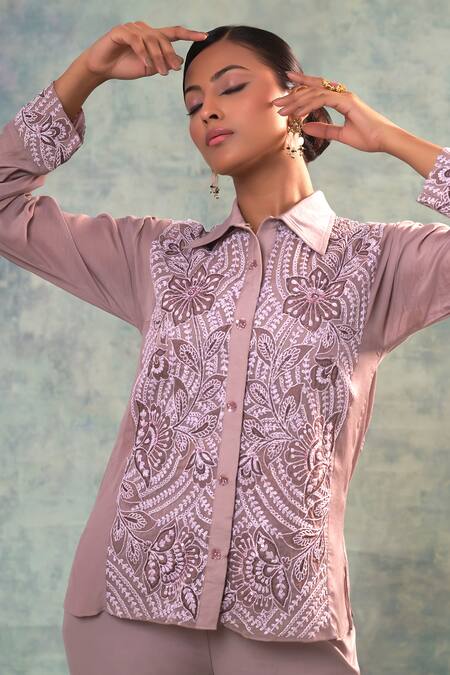 Shop Sonia Khatri Purple Muslin, Organza Sequins, Embroidery Collared, Suave Shirt And Pant Set Online at Aza Fashions Shop_Sonia Khatri_Purple Muslin, Organza Sequins, Embroidery Collared, Suave Shirt And Pant Set _Online_at_Aza_Fashions