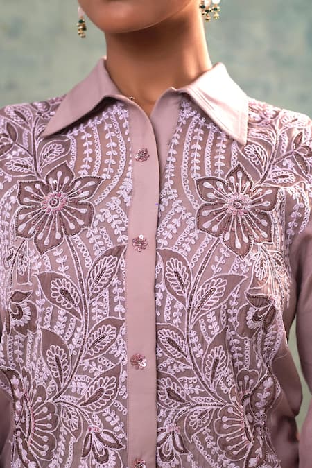 Sonia Khatri Purple Muslin, Organza Sequins, Embroidery Collared, Suave Shirt And Pant Set at Aza Fashions Sonia Khatri_Purple Muslin, Organza Sequins, Embroidery Collared, Suave Shirt And Pant Set _at_Aza_Fashions