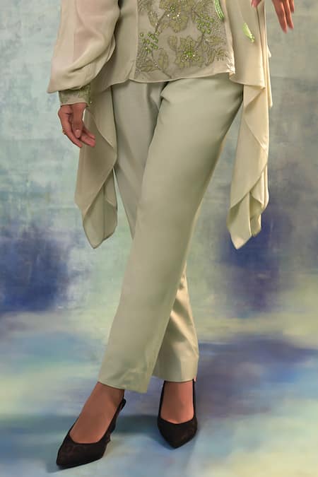 Sonia Khatri_Green Muslin, Organza Sequins, Embroidery Split V-neck Floral Top And Pant Set _Online_at_Aza_Fashions