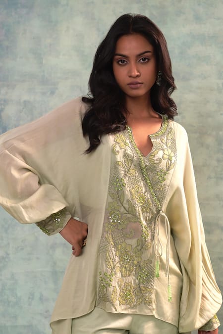 Buy_Sonia Khatri_Green Muslin, Organza Sequins, Embroidery Split V-neck Floral Top And Pant Set _Online_at_Aza_Fashions