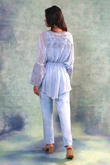 Shop Sonia Khatri Blue Georgette, Organza, Silk Sequins, Pale Cornflower Top And Pant Set at Aza Fashions Shop_Sonia Khatri_Blue Georgette, Organza, Silk Sequins, Pale Cornflower Top And Pant Set _at_Aza_Fashions