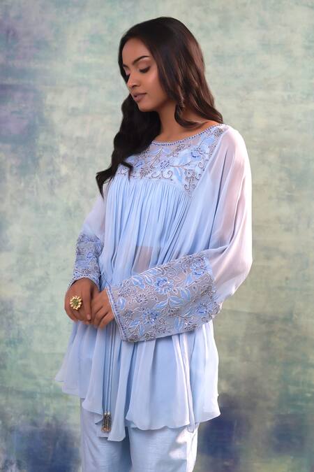 Buy Sonia Khatri Blue Georgette, Organza, Silk Sequins, Pale Cornflower Top And Pant Set Online at Aza Fashions Buy_Sonia Khatri_Blue Georgette, Organza, Silk Sequins, Pale Cornflower Top And Pant Set _Online_at_Aza_Fashions