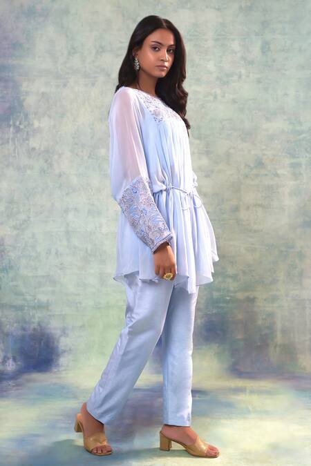 Shop Sonia Khatri Blue Georgette, Organza, Silk Sequins, Pale Cornflower Top And Pant Set Online at Aza Fashions Shop_Sonia Khatri_Blue Georgette, Organza, Silk Sequins, Pale Cornflower Top And Pant Set _Online_at_Aza_Fashions