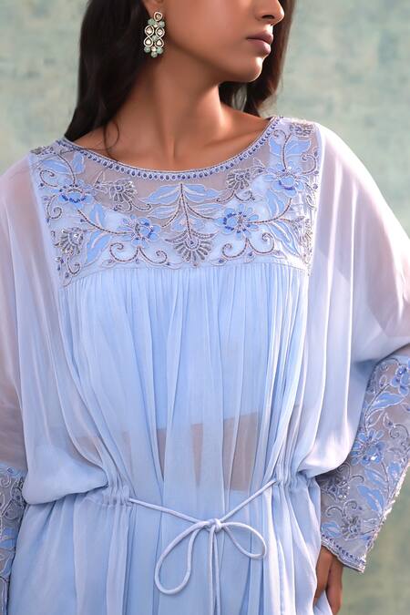 Sonia Khatri Blue Georgette, Organza, Silk Sequins, Pale Cornflower Top And Pant Set at Aza Fashions Sonia Khatri_Blue Georgette, Organza, Silk Sequins, Pale Cornflower Top And Pant Set _at_Aza_Fashions