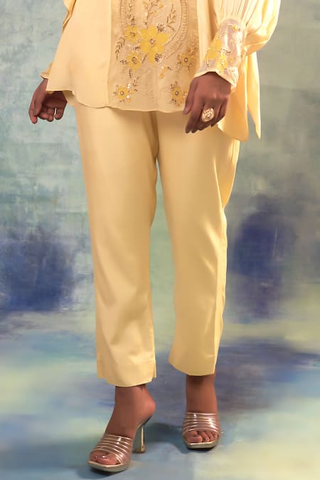 Sonia Khatri_Yellow Muslin, Organza Embroidery, Sequins Round Glow Majestic Top And Pant Set _Online_at_Aza_Fashions