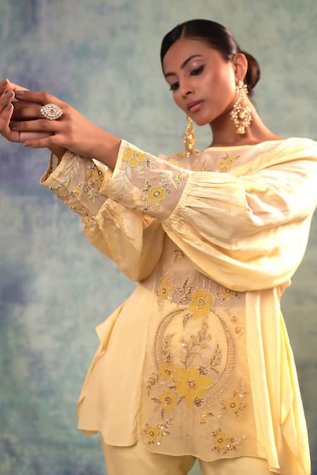 Buy_Sonia Khatri_Yellow Muslin, Organza Embroidery, Sequins Round Glow Majestic Top And Pant Set _Online_at_Aza_Fashions