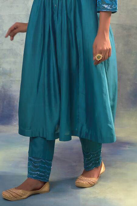 Buy_Sonia Khatri_Blue Organza, Silk Embroidery Round Neck Pristine Gathered Kurta And Pant Set _Online_at_Aza_Fashions
