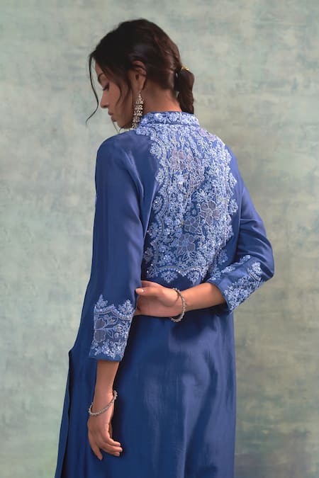 Shop Sonia Khatri Blue Silk, Organza Embroidery, Sequins Bandeau Neck Elegance Jacket And Pant Set at Aza Fashions Shop_Sonia Khatri_Blue Silk, Organza Embroidery, Sequins Bandeau Neck Elegance Jacket And Pant Set _at_Aza_Fashions