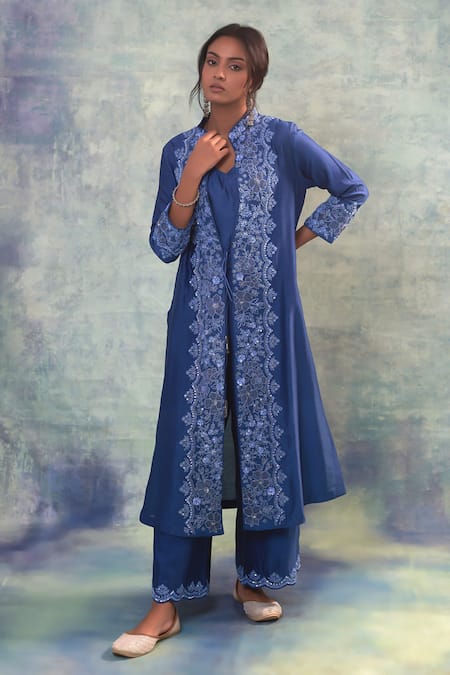 Sonia Khatri Blue Silk, Organza Embroidery, Sequins Bandeau Neck Elegance Jacket And Pant Set Online at Aza Fashions Sonia Khatri_Blue Silk, Organza Embroidery, Sequins Bandeau Neck Elegance Jacket And Pant Set _Online_at_Aza_Fashions