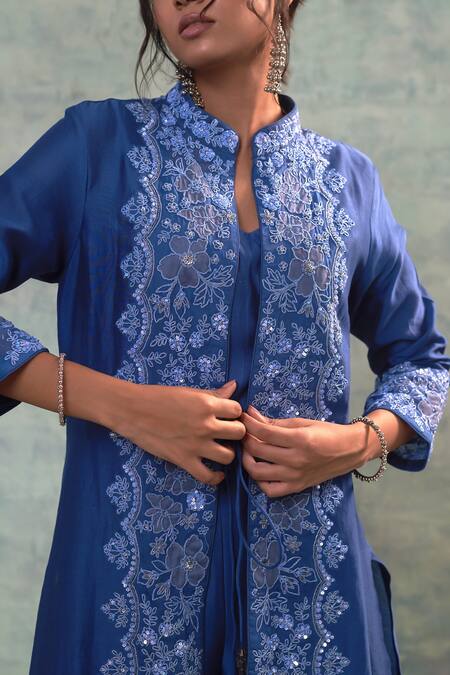 Shop Sonia Khatri Blue Silk, Organza Embroidery, Sequins Bandeau Neck Elegance Jacket And Pant Set Online at Aza Fashions Shop_Sonia Khatri_Blue Silk, Organza Embroidery, Sequins Bandeau Neck Elegance Jacket And Pant Set _Online_at_Aza_Fashions