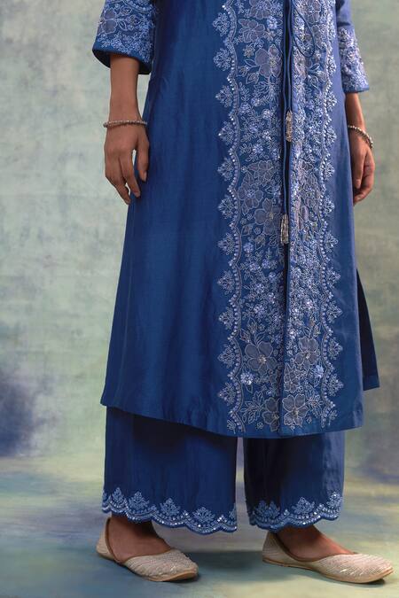 Sonia Khatri Blue Silk, Organza Embroidery, Sequins Bandeau Neck Elegance Jacket And Pant Set at Aza Fashions Sonia Khatri_Blue Silk, Organza Embroidery, Sequins Bandeau Neck Elegance Jacket And Pant Set _at_Aza_Fashions
