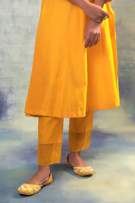 Buy_Sonia Khatri_Yellow Silk, Organza Sequins, Embroidery Split Lightning Kurta And Pant Set _Online_at_Aza_Fashions