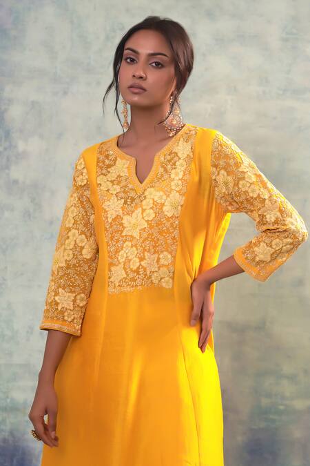Shop_Sonia Khatri_Yellow Silk, Organza Sequins, Embroidery Split Lightning Kurta And Pant Set _Online_at_Aza_Fashions