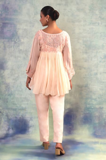 Shop Sonia Khatri Peach Georgette, Organza, Silk Sequins, Embroidery Puff Serenity Top And Pant Set at Aza Fashions Shop_Sonia Khatri_Peach Georgette, Organza, Silk Sequins, Embroidery Puff Serenity Top And Pant Set _at_Aza_Fashions