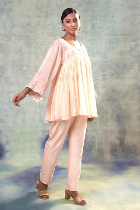 Shop Sonia Khatri Peach Georgette, Organza, Silk Sequins, Embroidery Puff Serenity Top And Pant Set Online at Aza Fashions Shop_Sonia Khatri_Peach Georgette, Organza, Silk Sequins, Embroidery Puff Serenity Top And Pant Set _Online_at_Aza_Fashions