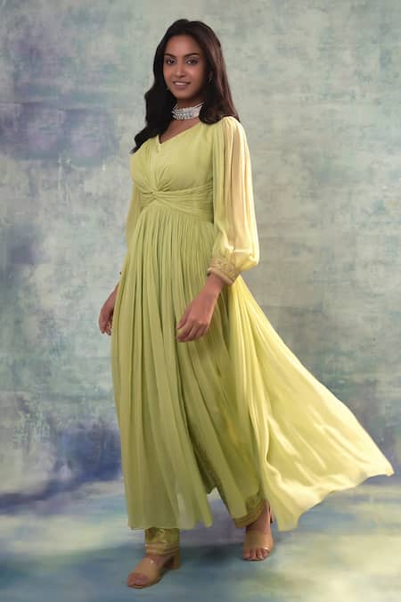 Sonia Khatri Green Georgette, Silk Embroidery V-neck Gathered Kurta And Pant Set 