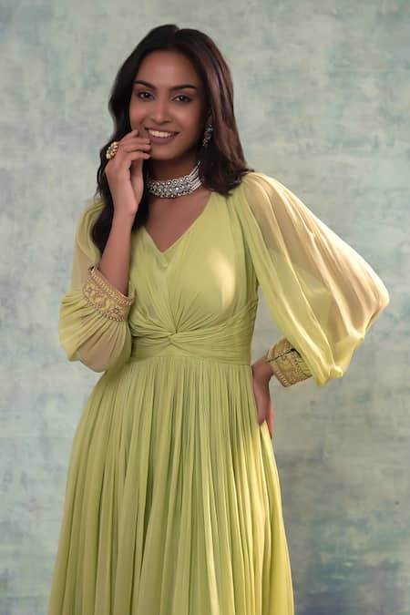 Buy_Sonia Khatri_Green Georgette, Silk Embroidery V-neck Gathered Kurta And Pant Set _Online_at_Aza_Fashions