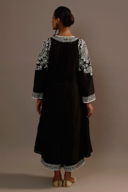 Shop Sonia Khatri Black Silk Embroidery V-neck Pankhudi Long Kurta And Palazzo Set at Aza Fashions Shop_Sonia Khatri_Black Silk Embroidery V-neck Pankhudi Long Kurta And Palazzo Set _at_Aza_Fashions