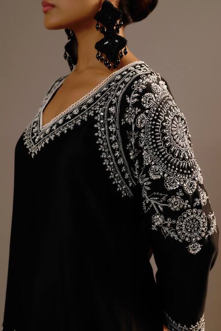 Buy Sonia Khatri Black Silk Embroidery V-neck Pankhudi Long Kurta And Palazzo Set Online at Aza Fashions Buy_Sonia Khatri_Black Silk Embroidery V-neck Pankhudi Long Kurta And Palazzo Set _Online_at_Aza_Fashions