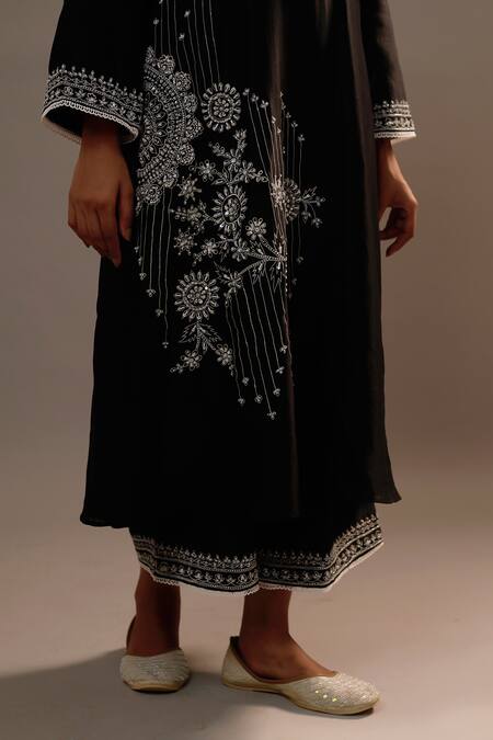 Shop Sonia Khatri Black Silk Embroidery V-neck Pankhudi Long Kurta And Palazzo Set Online at Aza Fashions Shop_Sonia Khatri_Black Silk Embroidery V-neck Pankhudi Long Kurta And Palazzo Set _Online_at_Aza_Fashions