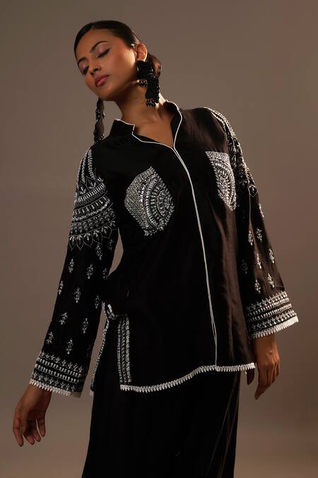 Sonia Khatri Black Silk Sequins Mandarin Collar Bloom Embroidered Shirt With Palazzo Online at Aza Fashions Sonia Khatri_Black Silk Sequins Mandarin Collar Bloom Embroidered Shirt With Palazzo _Online_at_Aza_Fashions