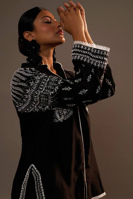 Buy Sonia Khatri Black Silk Sequins Mandarin Collar Bloom Embroidered Shirt With Palazzo Online at Aza Fashions Buy_Sonia Khatri_Black Silk Sequins Mandarin Collar Bloom Embroidered Shirt With Palazzo _Online_at_Aza_Fashions