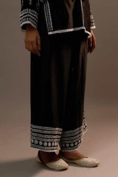 Shop Sonia Khatri Black Silk Sequins Mandarin Collar Bloom Embroidered Shirt With Palazzo Online at Aza Fashions Shop_Sonia Khatri_Black Silk Sequins Mandarin Collar Bloom Embroidered Shirt With Palazzo _Online_at_Aza_Fashions