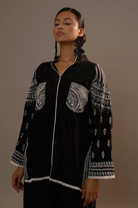 Sonia Khatri Black Silk Sequins Mandarin Collar Bloom Embroidered Shirt With Palazzo at Aza Fashions Sonia Khatri_Black Silk Sequins Mandarin Collar Bloom Embroidered Shirt With Palazzo _at_Aza_Fashions