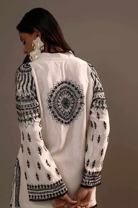 Shop Sonia Khatri White Silk Sequins, Lace Mandarin Collar Embroidered Shirt And Palazzo Set at Aza Fashions Shop_Sonia Khatri_White Silk Sequins, Lace Mandarin Collar Embroidered Shirt And Palazzo Set _at_Aza_Fashions