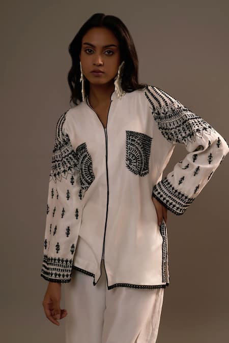 Sonia Khatri White Silk Sequins, Lace Mandarin Collar Embroidered Shirt And Palazzo Set Online at Aza Fashions Sonia Khatri_White Silk Sequins, Lace Mandarin Collar Embroidered Shirt And Palazzo Set _Online_at_Aza_Fashions