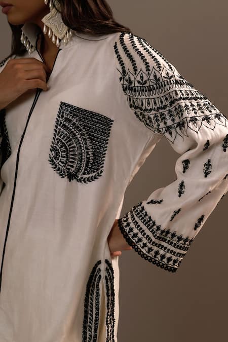 Shop Sonia Khatri White Silk Sequins, Lace Mandarin Collar Embroidered Shirt And Palazzo Set Online at Aza Fashions Shop_Sonia Khatri_White Silk Sequins, Lace Mandarin Collar Embroidered Shirt And Palazzo Set _Online_at_Aza_Fashions