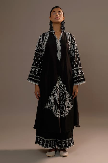Sonia Khatri Black Silk Sequins Mandarin Collar Surmai Mughal Embroidered Kurta With Palazzo 