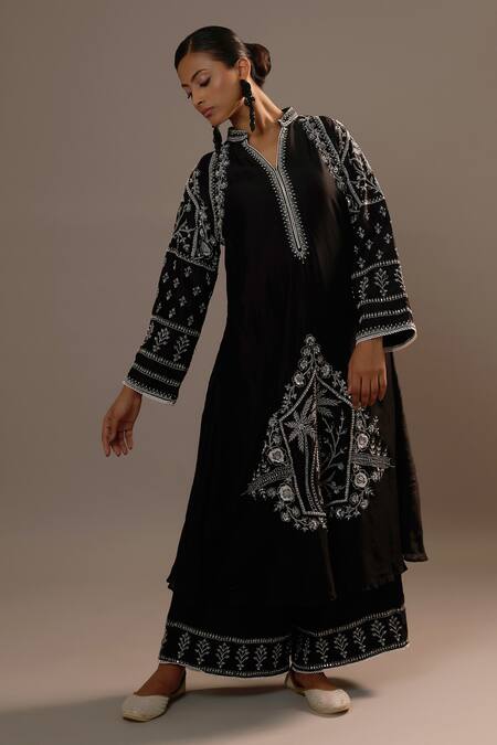 Sonia Khatri_Black Silk Sequins Mandarin Collar Surmai Mughal Embroidered Kurta With Palazzo _Online_at_Aza_Fashions