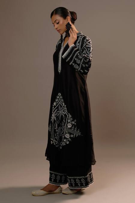 Buy_Sonia Khatri_Black Silk Sequins Mandarin Collar Surmai Mughal Embroidered Kurta With Palazzo _Online_at_Aza_Fashions