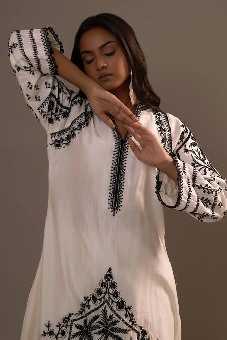 Sonia Khatri White Silk Sequins, Embroidery Mandarin Collar Surmai Kurta With Palazzo Online at Aza Fashions Sonia Khatri_White Silk Sequins, Embroidery Mandarin Collar Surmai Kurta With Palazzo _Online_at_Aza_Fashions