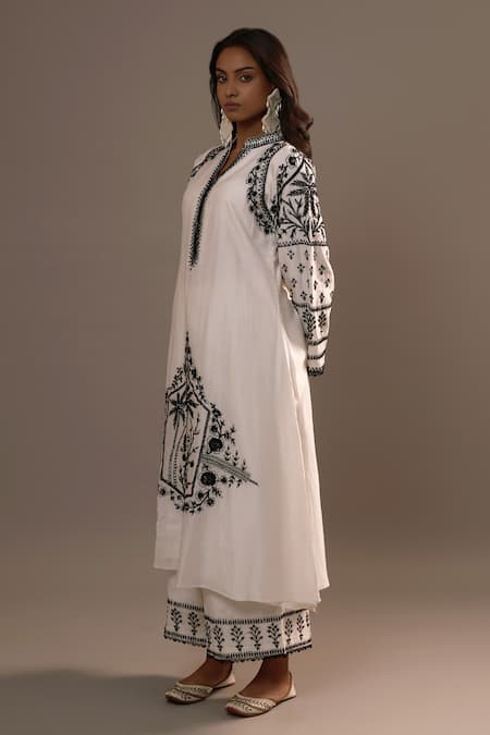 Buy Sonia Khatri White Silk Sequins, Embroidery Mandarin Collar Surmai Kurta With Palazzo Online at Aza Fashions Buy_Sonia Khatri_White Silk Sequins, Embroidery Mandarin Collar Surmai Kurta With Palazzo _Online_at_Aza_Fashions