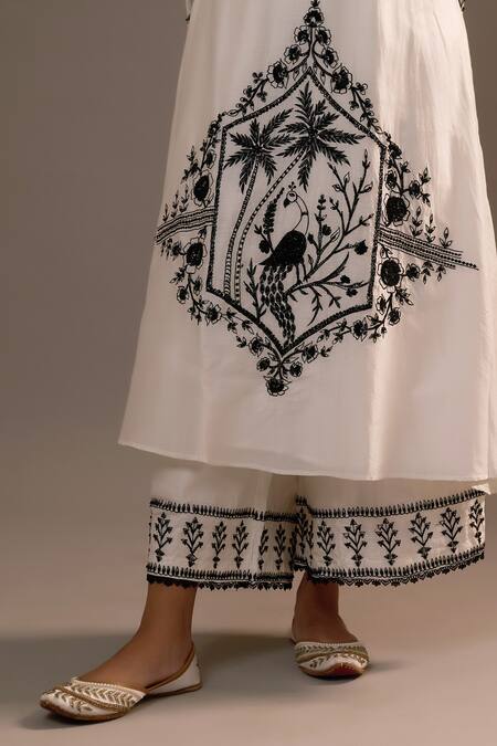 Shop Sonia Khatri White Silk Sequins, Embroidery Mandarin Collar Surmai Kurta With Palazzo Online at Aza Fashions Shop_Sonia Khatri_White Silk Sequins, Embroidery Mandarin Collar Surmai Kurta With Palazzo _Online_at_Aza_Fashions
