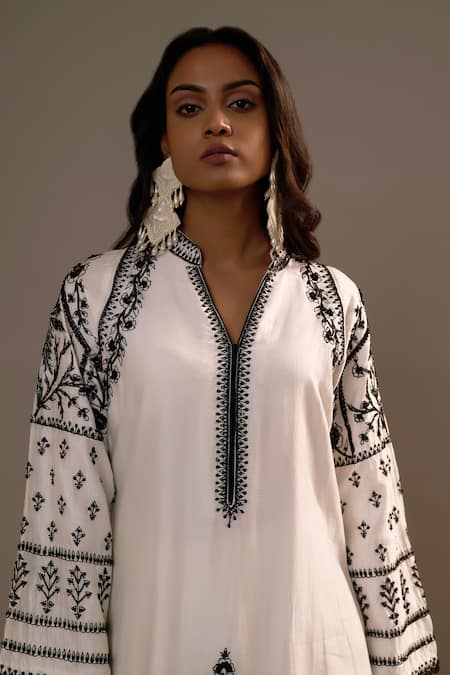 Sonia Khatri White Silk Sequins, Embroidery Mandarin Collar Surmai Kurta With Palazzo at Aza Fashions Sonia Khatri_White Silk Sequins, Embroidery Mandarin Collar Surmai Kurta With Palazzo _at_Aza_Fashions