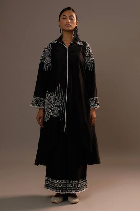 Buy_Sonia Khatri_Black Silk Embroidery Collared Alpana Blossom Kurta With Palazzo _Online_at_Aza_Fashions