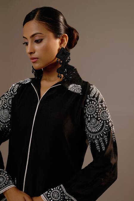 Shop_Sonia Khatri_Black Silk Embroidery Collared Alpana Blossom Kurta With Palazzo _Online_at_Aza_Fashions