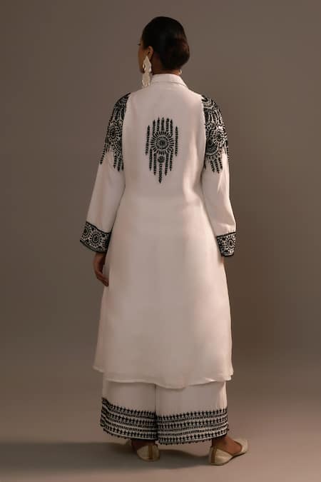 Shop Sonia Khatri White Silk Embroidery Collared Alpana Bloom Kurta With Palazzo at Aza Fashions Shop_Sonia Khatri_White Silk Embroidery Collared Alpana Bloom Kurta With Palazzo _at_Aza_Fashions