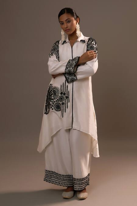 Buy Sonia Khatri White Silk Embroidery Collared Alpana Bloom Kurta With Palazzo Online at Aza Fashions Buy_Sonia Khatri_White Silk Embroidery Collared Alpana Bloom Kurta With Palazzo _Online_at_Aza_Fashions