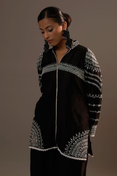Sonia Khatri_Black Silk Sequins, Lace Collared Enchanting Umbra Work Shirt With Palazzo _Online_at_Aza_Fashions