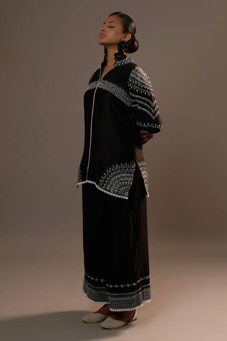 Buy_Sonia Khatri_Black Silk Sequins, Lace Collared Enchanting Umbra Work Shirt With Palazzo _Online_at_Aza_Fashions