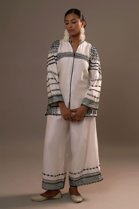 Sonia Khatri_White Silk, Cotton Sequins, Enchanting Umbra Flora Shirt With Palazzo _Online_at_Aza_Fashions