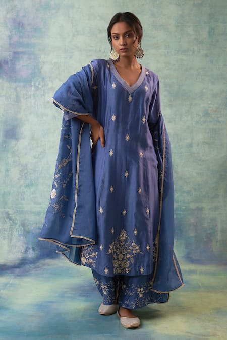 Sonia Khatri Blue Silk, Organza Sequins, Embroidery V-neck Buttercup Flora Kurta Palazzo Set 